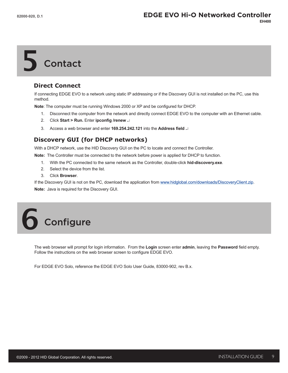 5 - contact, Direct connect, Discovery gui | 6 - configure, Contact, Configure | HID EDGE EVO Solo ESH400 Hi-O Controller Installation Guide User Manual | Page 9 / 12