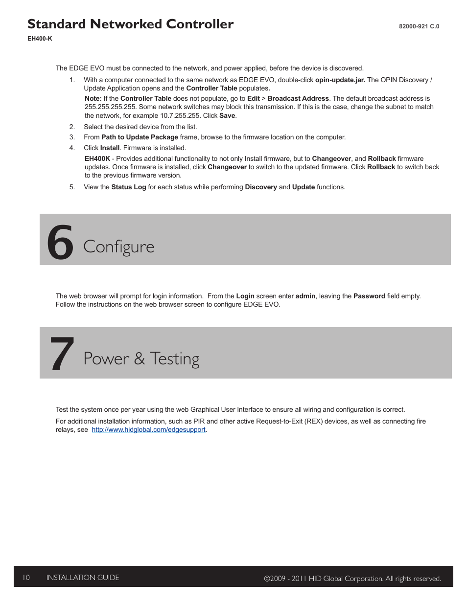 6 - configure, 7 - power & testing, Configure | Power & testing, Standard networked controller | HID EDGE EVO EH400-K Standard Controller Installation Guide User Manual | Page 10 / 12