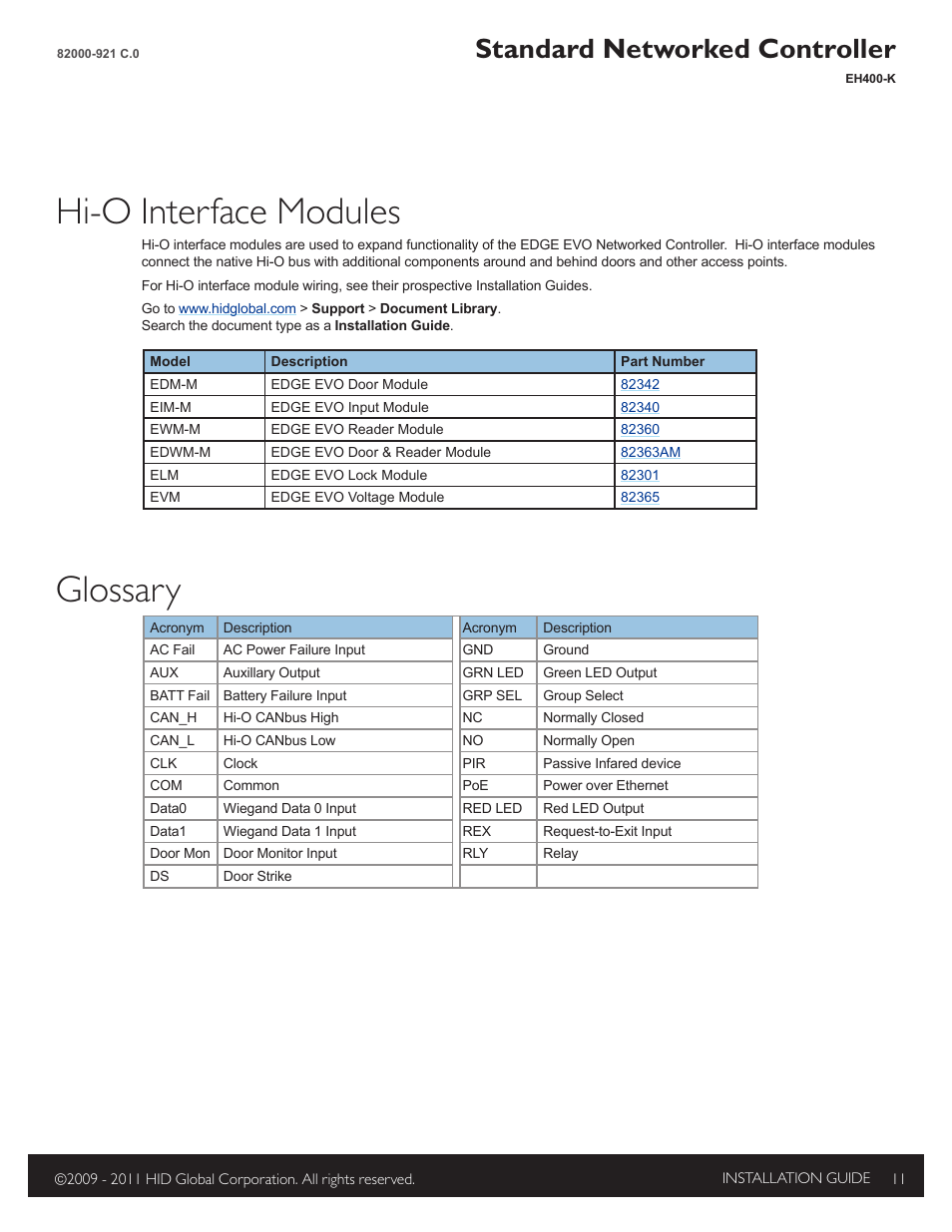 Hi-o interface modules, Glossary, Standard networked controller | HID EDGE EVO EH400-K Standard Controller Installation Guide User Manual | Page 11 / 12