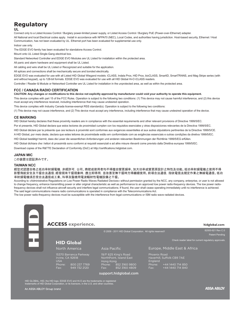 Regulatory, Access experience, Hid global | HID EDGE EVO EH400-K Standard Controller Installation Guide User Manual | Page 12 / 12