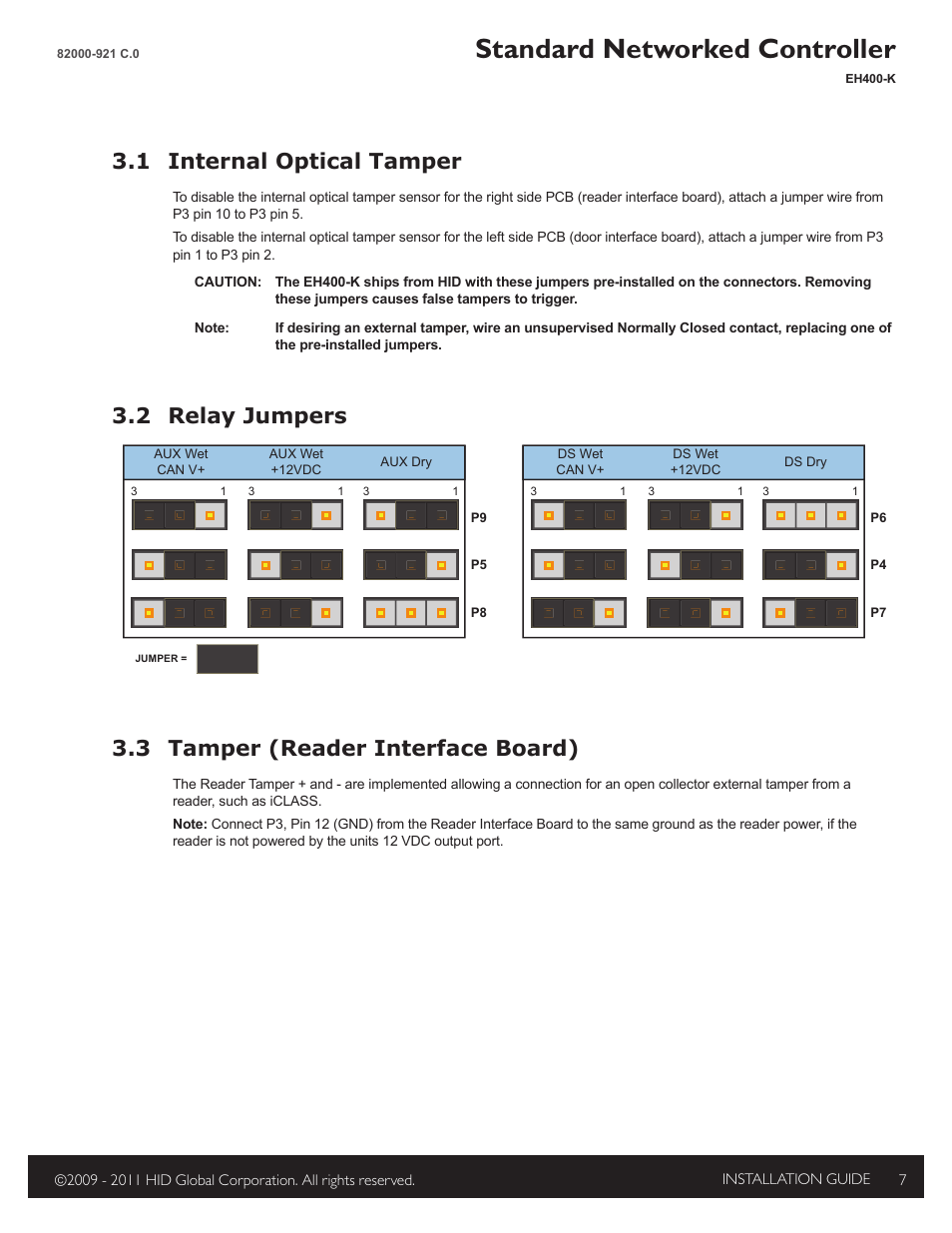 1 internal tamper disable jumpers, 2 relay jumpers, 3 tamper (reader interface board) | Standard networked controller, 1 internal optical tamper | HID EDGE EVO EH400-K Standard Controller Installation Guide User Manual | Page 7 / 12