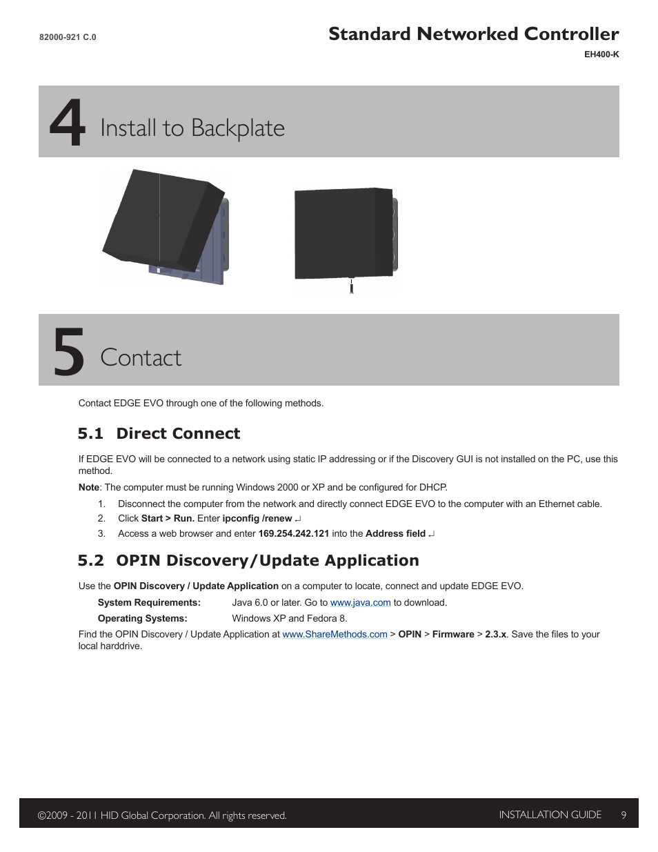 4 - install reader to backplate, 5 - contact, Install to backplate | Contact, Standard networked controller | HID EDGE EVO EH400-K Standard Controller Installation Guide User Manual | Page 9 / 12