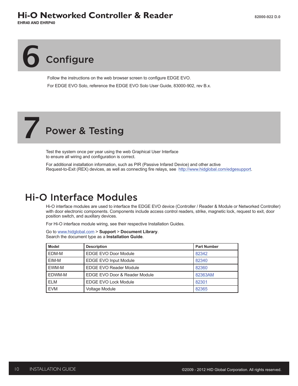 6 - configure, 7 - power and testing, Hi-o interface modules | Configure, Power & testing, Hi-o networked controller & reader | HID EDGE EVO EHR40-EHRP40 Reader-Controller Installation Guide User Manual | Page 10 / 12