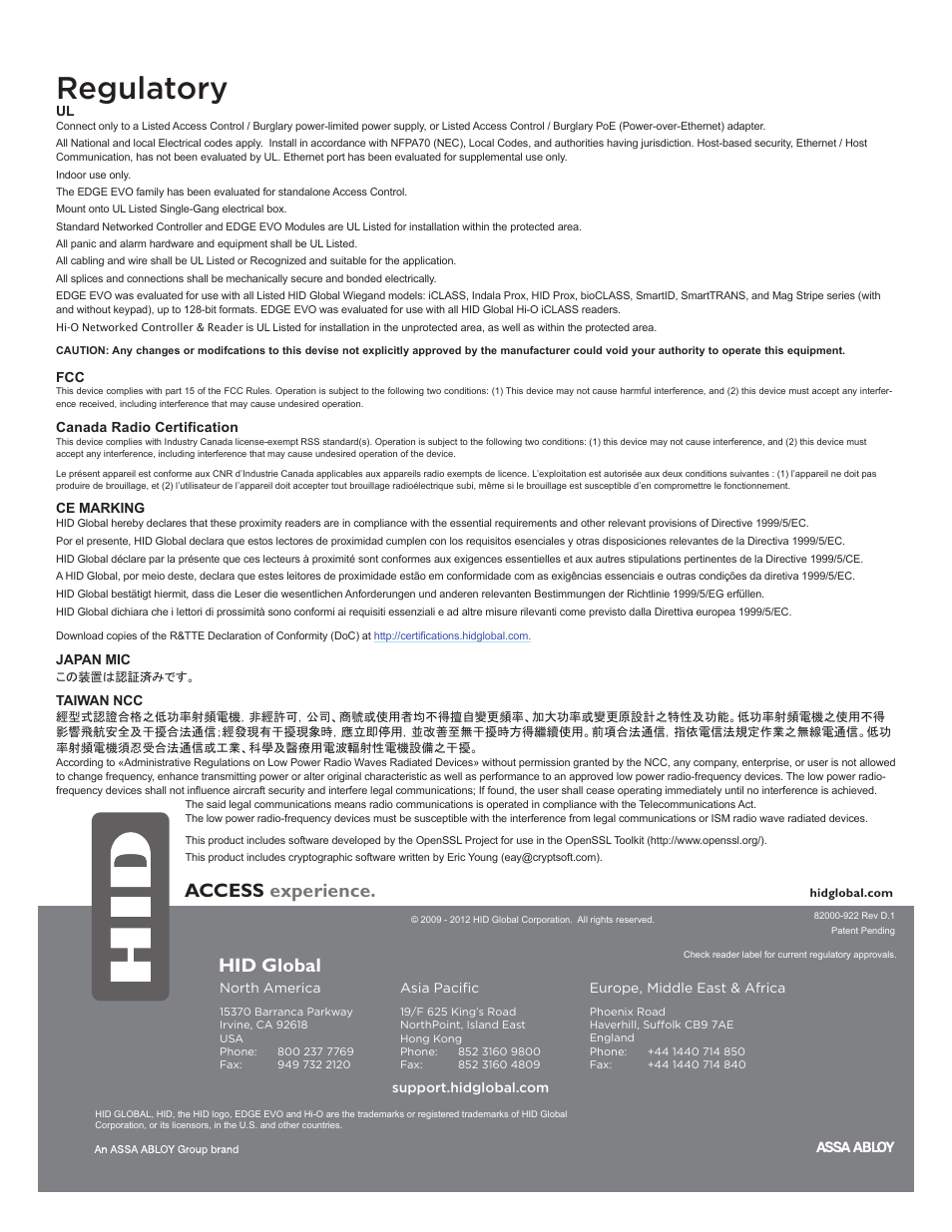 Regulatory, Access experience, Hid global | HID EDGE EVO EHR40-EHRP40 Reader-Controller Installation Guide User Manual | Page 12 / 12