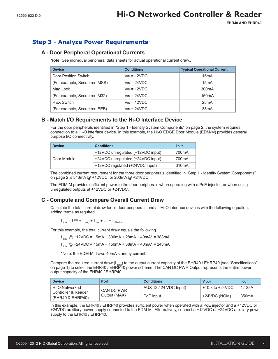Step 3 - analyze power requirements, Hi-o networked controller & reader, C - compute and compare overall current draw | HID EDGE EVO EHR40-EHRP40 Reader-Controller Installation Guide User Manual | Page 3 / 12