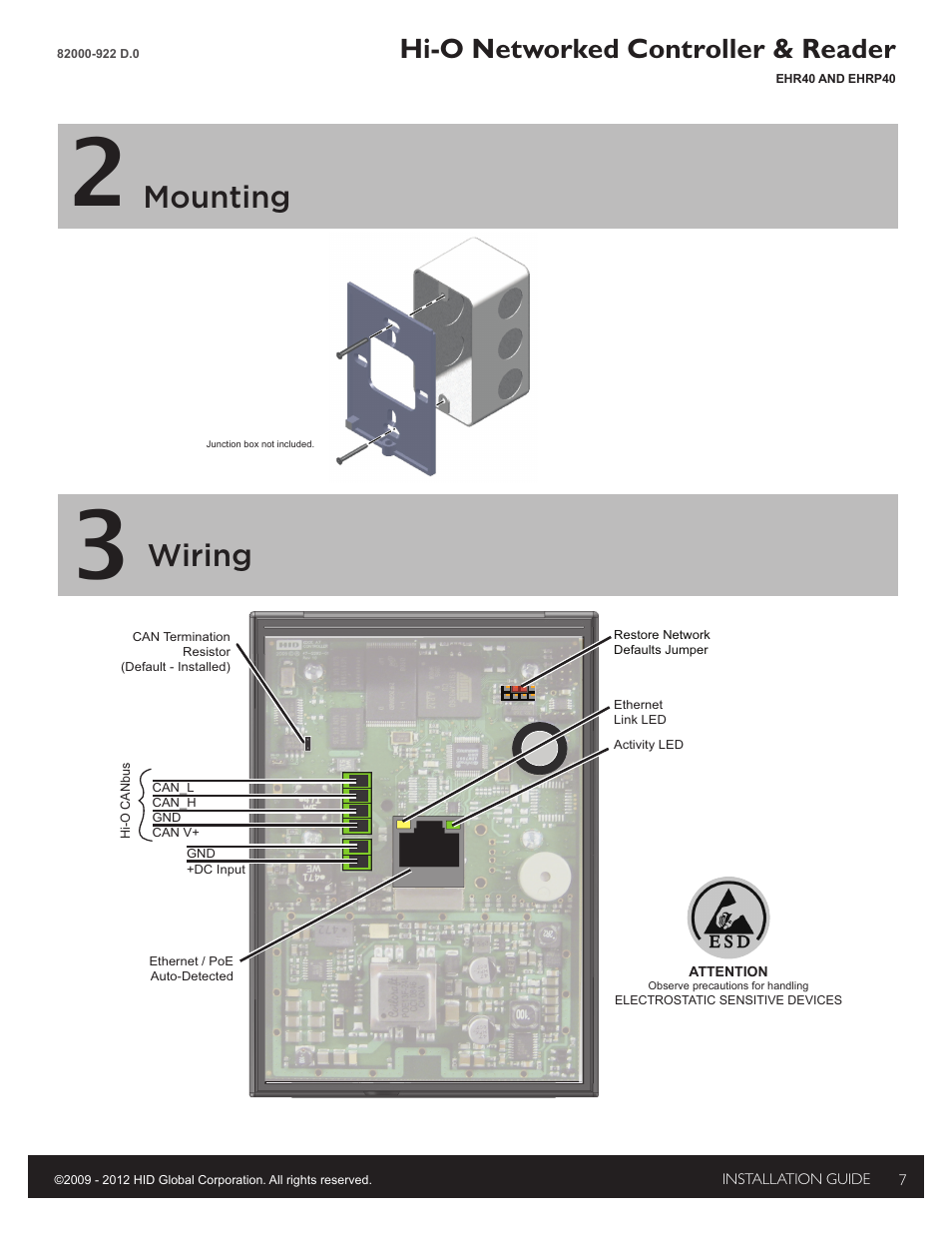 2 - mounting, 3 - wiring, Mounting | Wiring, Hi-o networked controller & reader | HID EDGE EVO EHR40-EHRP40 Reader-Controller Installation Guide User Manual | Page 7 / 12