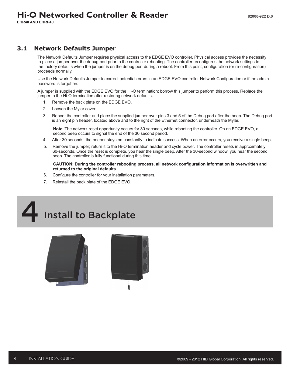 4 - install to backplate, Install to backplate, Hi-o networked controller & reader | HID EDGE EVO EHR40-EHRP40 Reader-Controller Installation Guide User Manual | Page 8 / 12