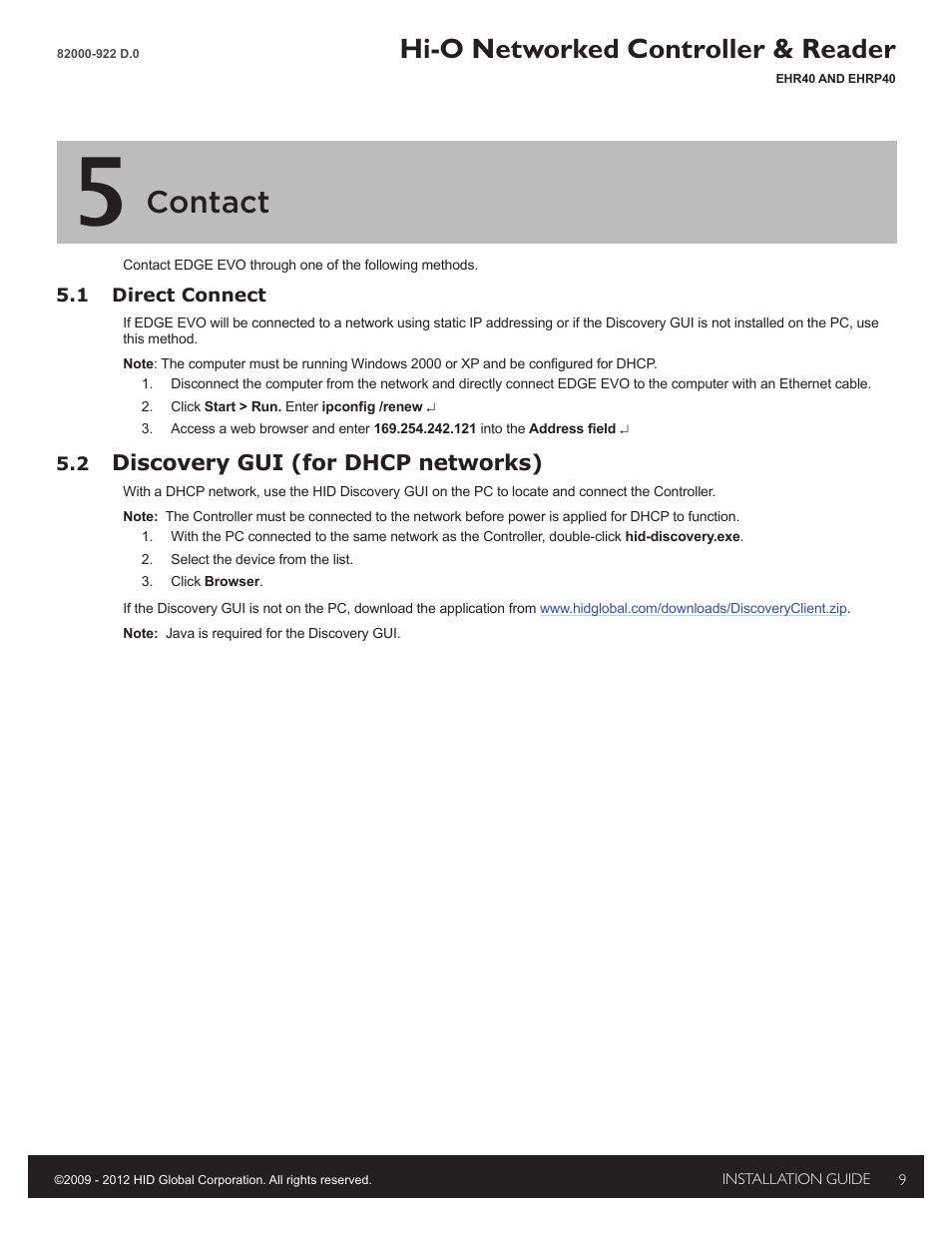 5 - contact, 1 direct connect, 2 opin discovery / update application | Contact, Hi-o networked controller & reader | HID EDGE EVO EHR40-EHRP40 Reader-Controller Installation Guide User Manual | Page 9 / 12