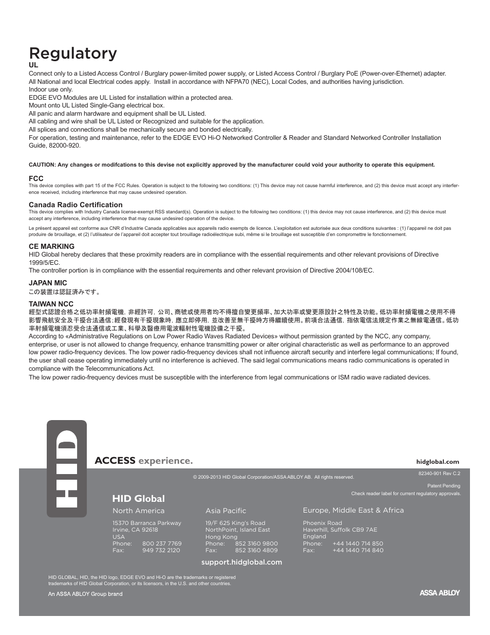 Regulatory, Access experience, Hid global | HID EDGE EVO EIM-M Input Module Installation Guide User Manual | Page 2 / 2