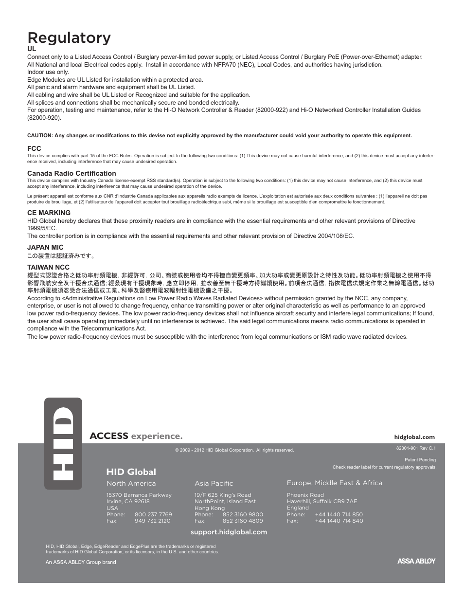 Regulatory, Access experience, Hid global | HID EDGE EVO ELM Lock Module Installation Guide User Manual | Page 2 / 2
