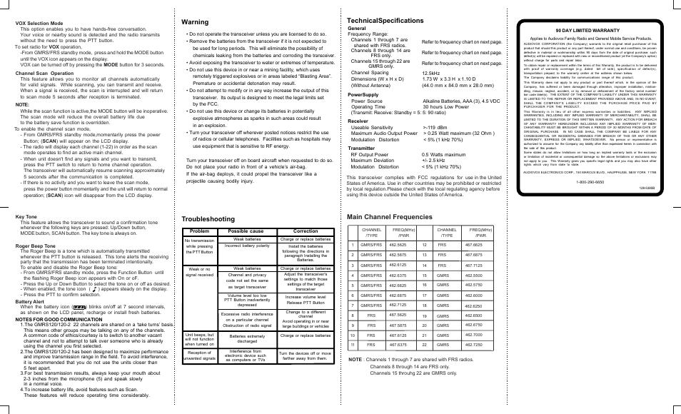 Warning, Troubleshooting, Technical specifications | Main channel frequencies | Audiovox GMRS120 User Manual | Page 2 / 2