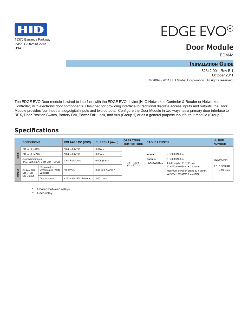 HID EDGE EVO Hi-O Interface Door Module Installation Guide User Manual | 4 pages