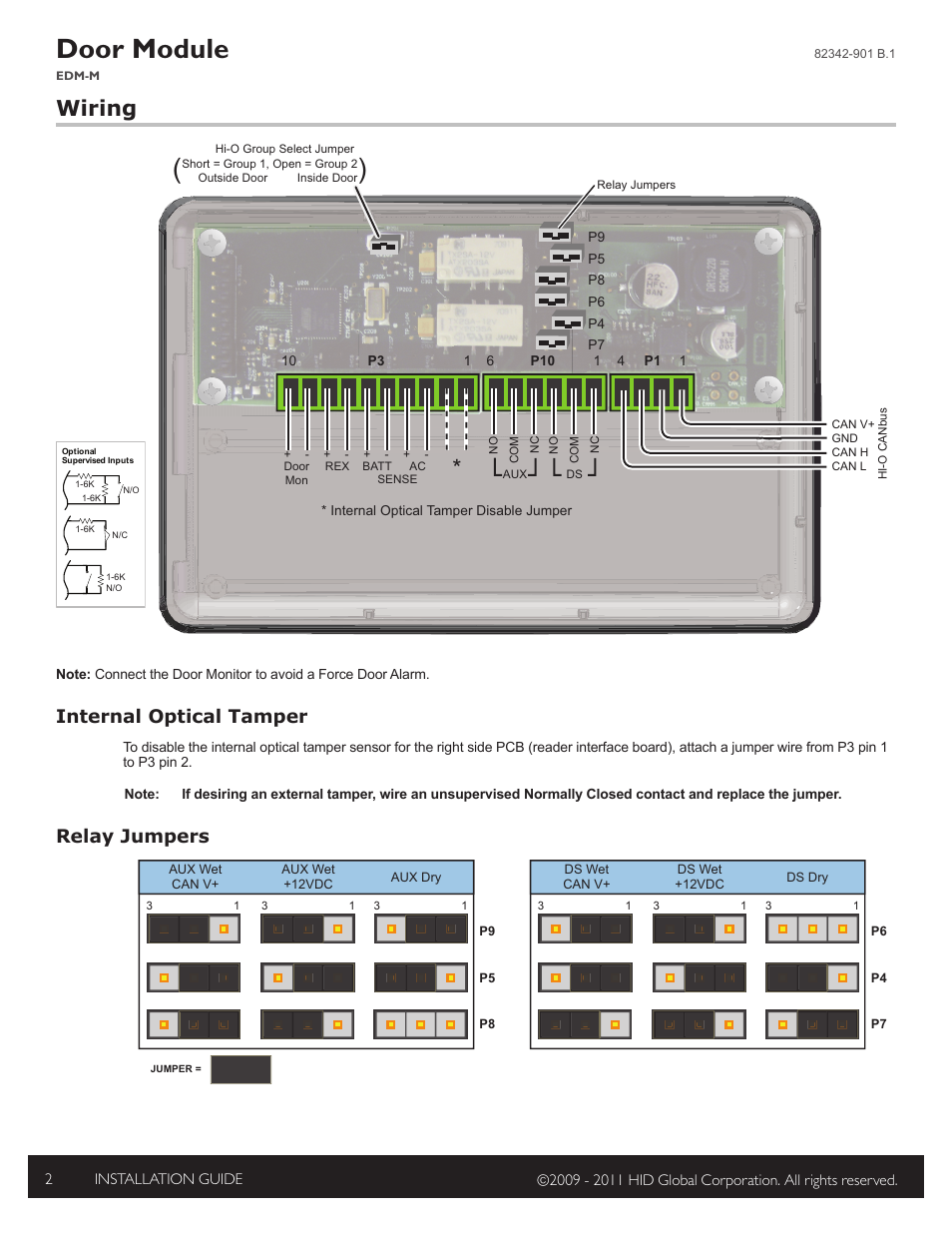 Specifications, Wiring, Internal optical tamper | Relay jumpers, Door module | HID EDGE EVO Hi-O Interface Door Module Installation Guide User Manual | Page 2 / 4