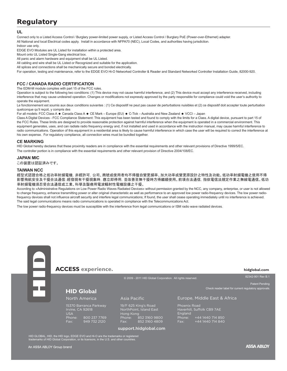 Regulatory, Access experience, Hid global | HID EDGE EVO Hi-O Interface Door Module Installation Guide User Manual | Page 4 / 4