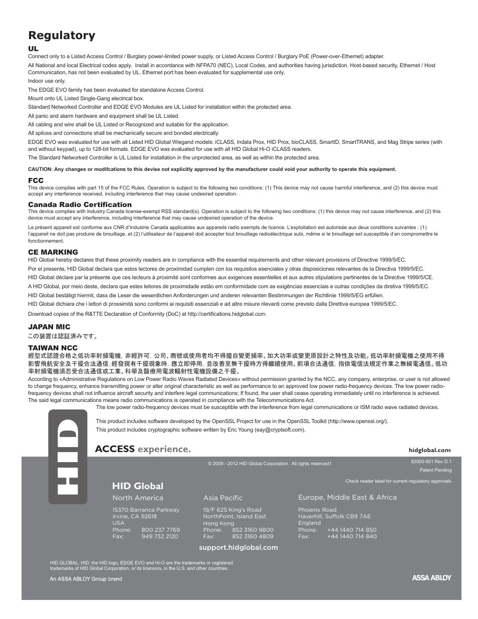 Regulatory, Access experience, Hid global | HID EDGE EVO Solo ESH400-K Networked Controller Installation Guide User Manual | Page 10 / 10