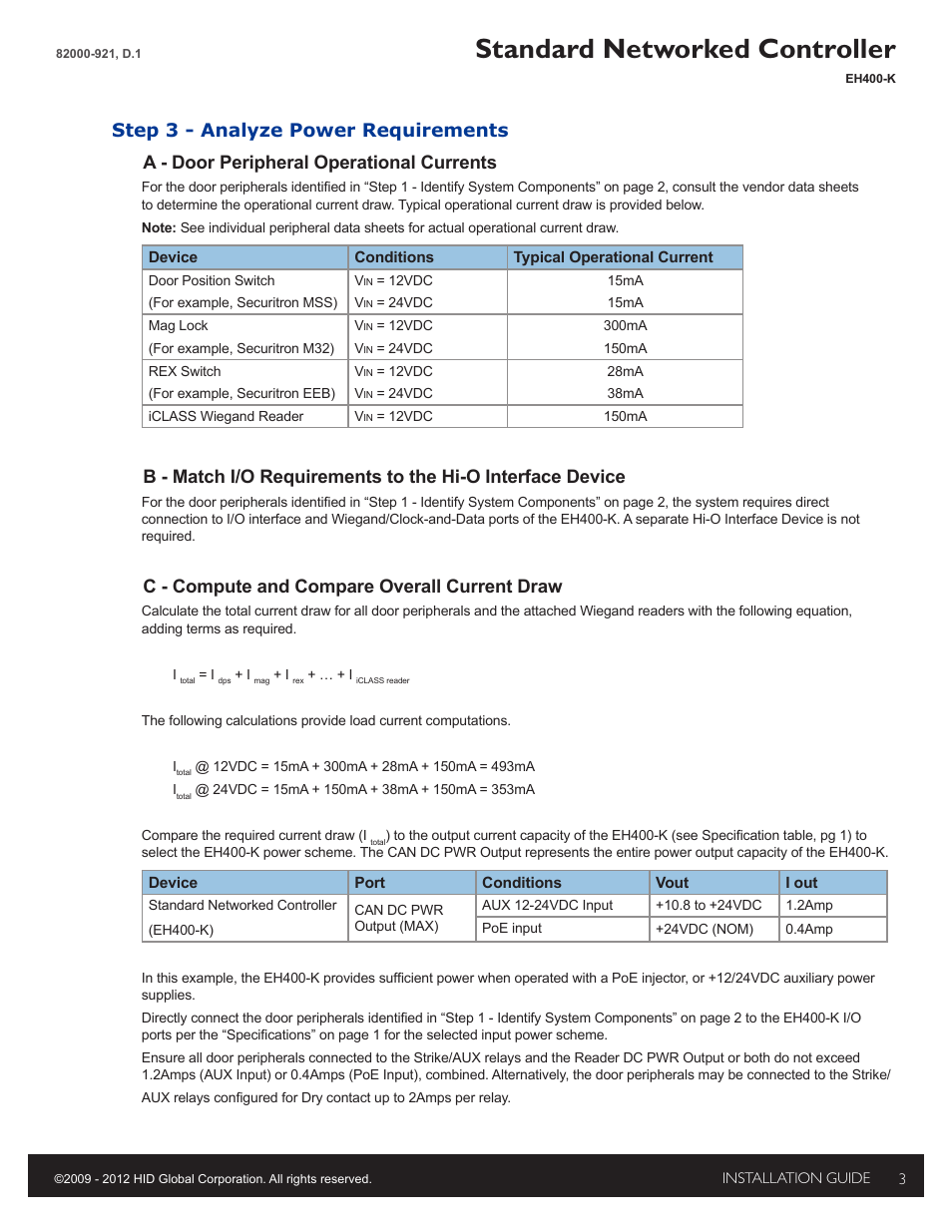 Step 3 - analyze power requirements, Standard networked controller, C - compute and compare overall current draw | HID EDGE EVO Solo ESH400-K Networked Controller Installation Guide User Manual | Page 3 / 10