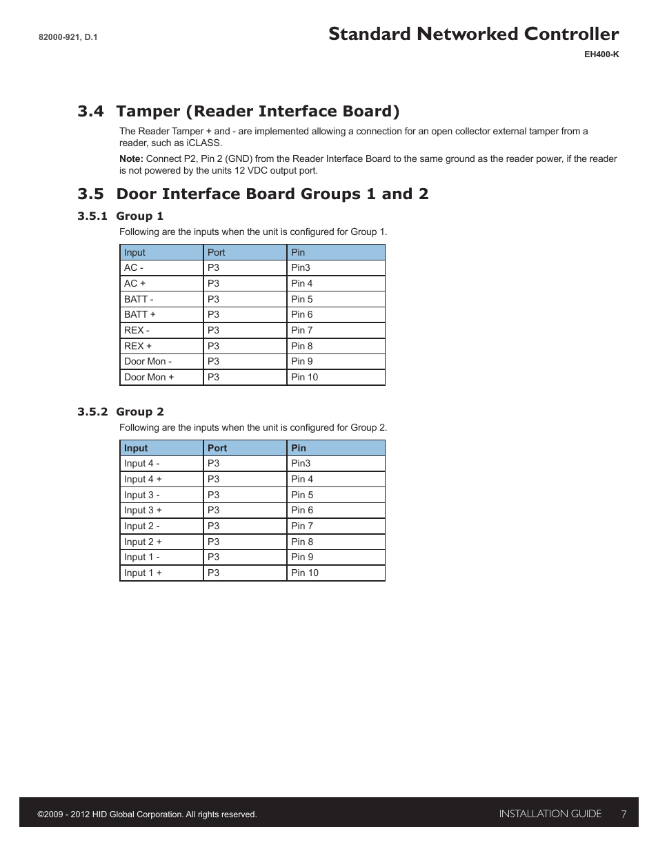 4 door module groups 1 & 2, 5 door interface board groups 1 & 2, Standard networked controller | 4 tamper (reader interface board), 5 door interface board groups 1 and 2 | HID EDGE EVO Solo ESH400-K Networked Controller Installation Guide User Manual | Page 7 / 10