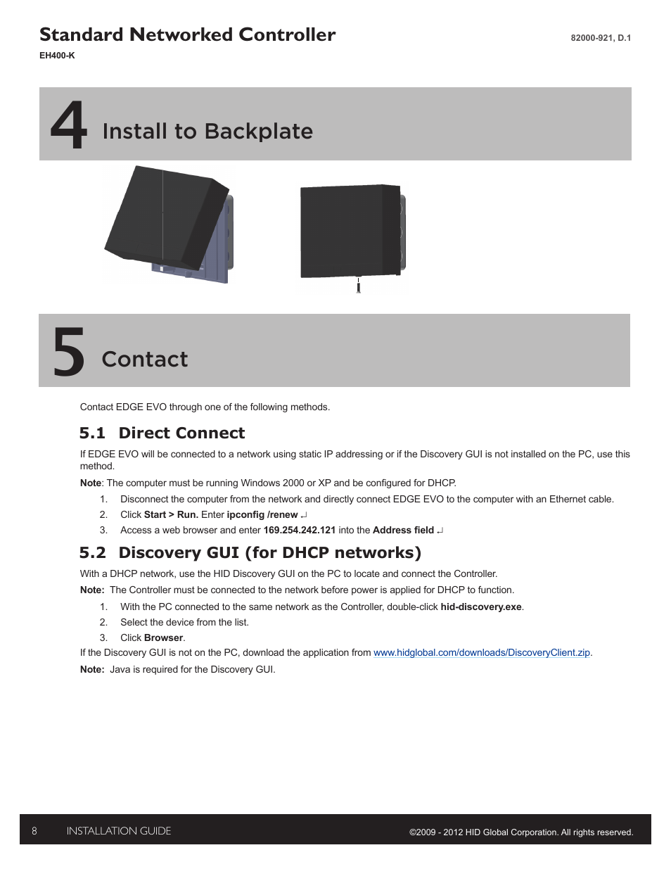 4 - install reader to backplate, 5 - contact, 1 direct connect | 2 discovery gui, Install to backplate, Contact, Standard networked controller | HID EDGE EVO Solo ESH400-K Networked Controller Installation Guide User Manual | Page 8 / 10