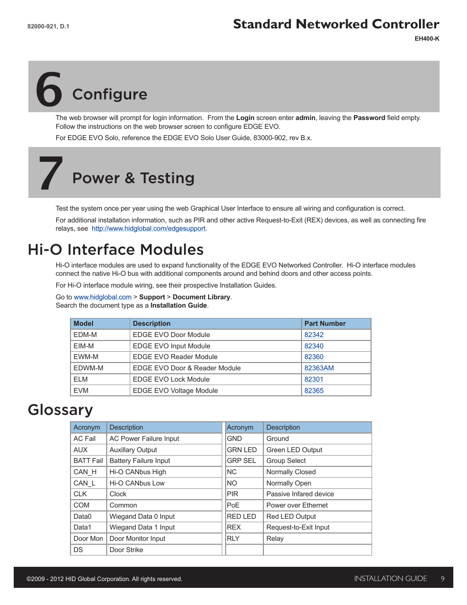 6 - configure, 7 - power & testing, Hi-o interface modules | Glossary, Configure, Power & testing, Standard networked controller | HID EDGE EVO Solo ESH400-K Networked Controller Installation Guide User Manual | Page 9 / 10