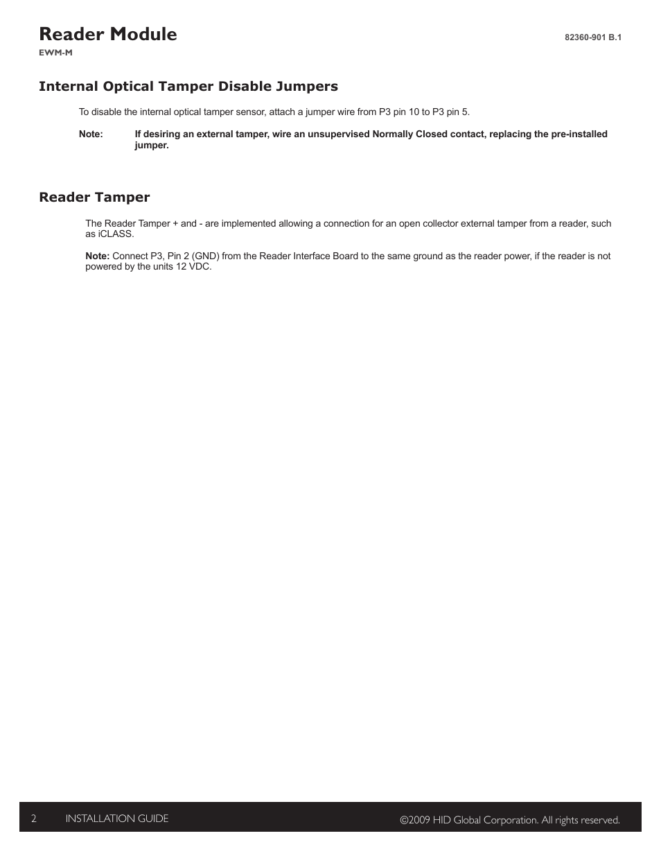 Internal optical tamper disable jumpers, Reader tamper, Reader module | HID EDGE EWM-M Hi-O Wiegand module Installation Guide User Manual | Page 2 / 4