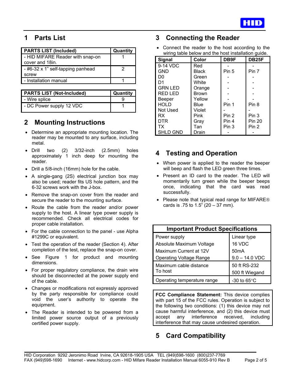 1 parts list, 2 mounting instructions, 3 connecting the reader | 4 testing and operation, 5 card compatibility | HID MIFARE Reader Installation Guide User Manual | Page 3 / 6