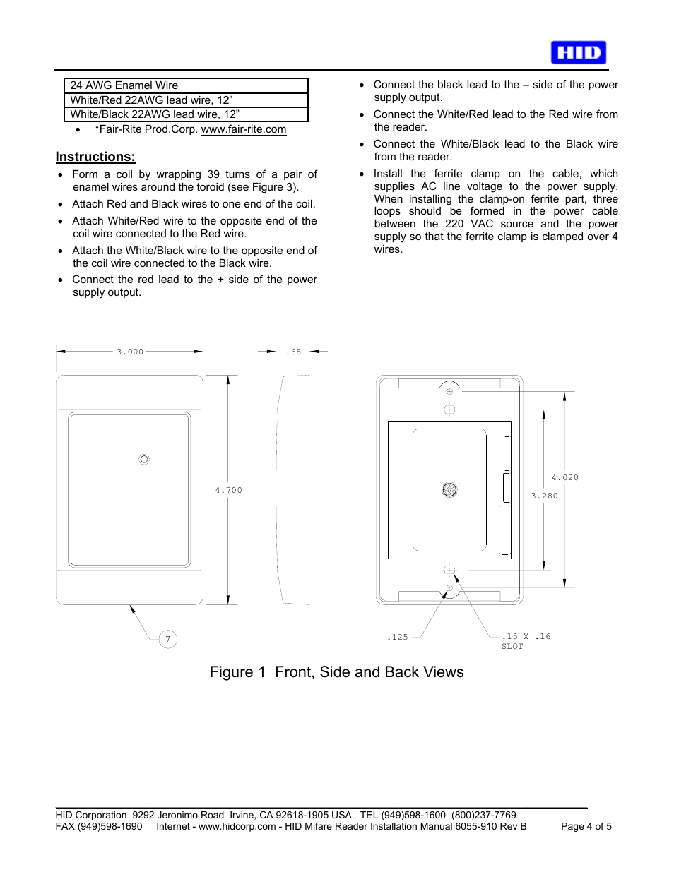 Figure 1 front, side and back views | HID MIFARE Reader Installation Guide User Manual | Page 5 / 6