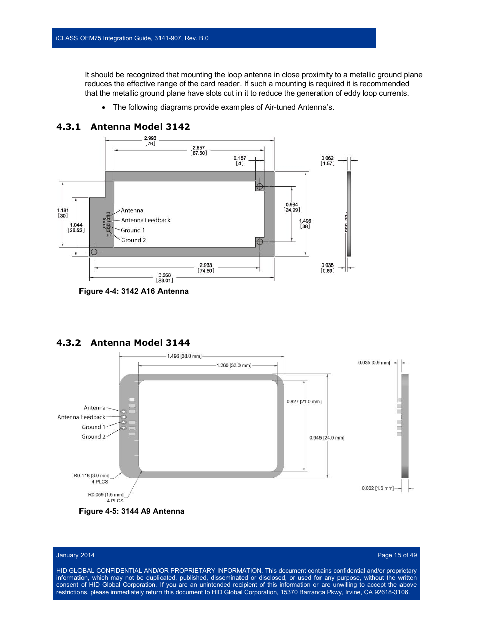 1 antenna model 3142, 2 antenna model 3144, Antenna model 3142 | Antenna model 3144 | HID Hi-O iCLASS Installation Guide User Manual | Page 15 / 49