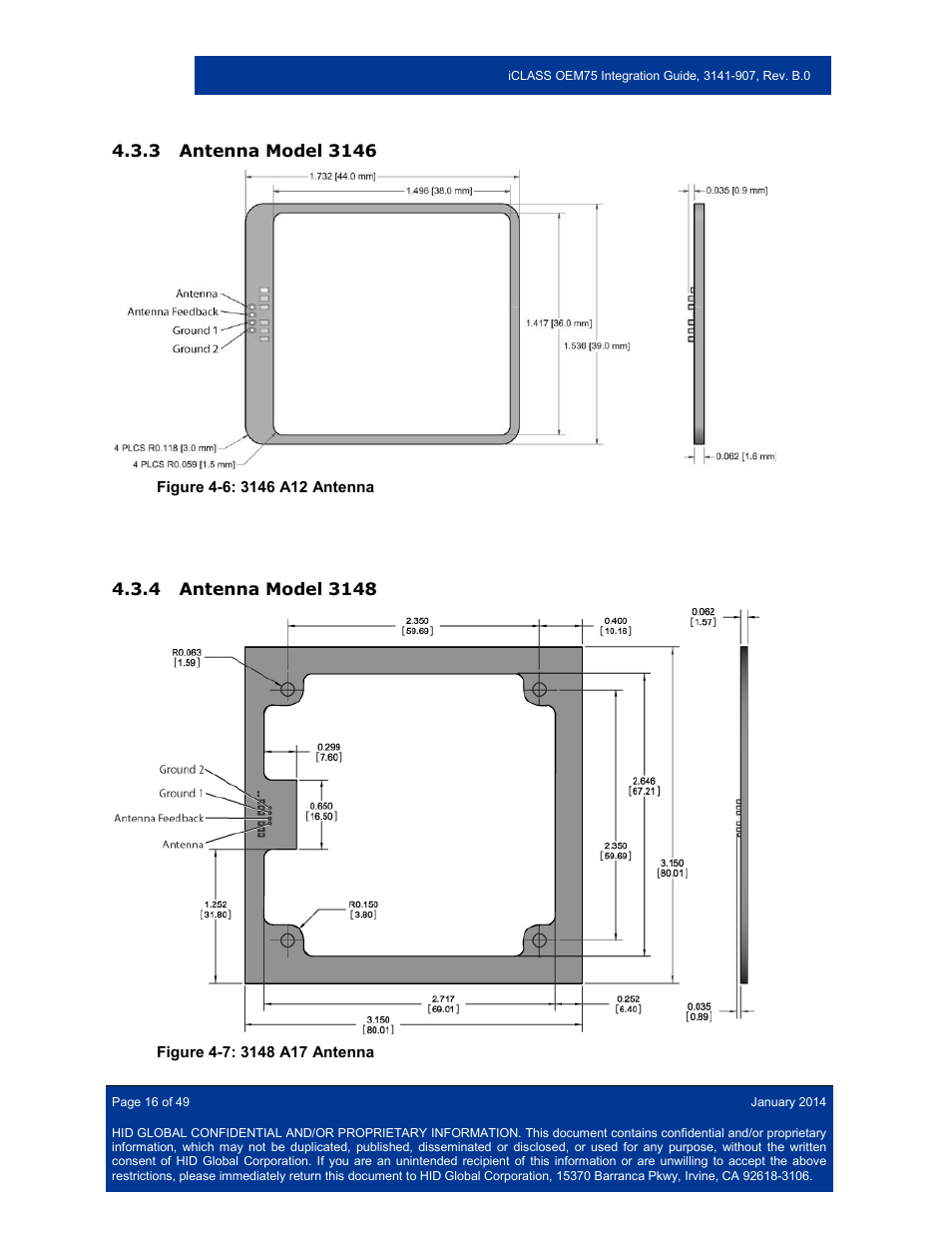 3 antenna model 3146, 4 antenna model 3148, Antenna model 3146 | Antenna model 3148 | HID Hi-O iCLASS Installation Guide User Manual | Page 16 / 49