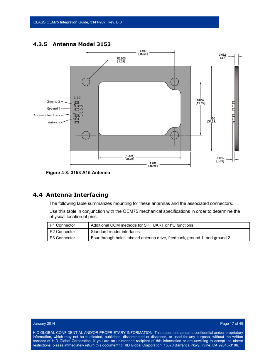 5 antenna model 3153, 4 antenna interfacing, Antenna model 3153 | Antenna interfacing | HID Hi-O iCLASS Installation Guide User Manual | Page 17 / 49