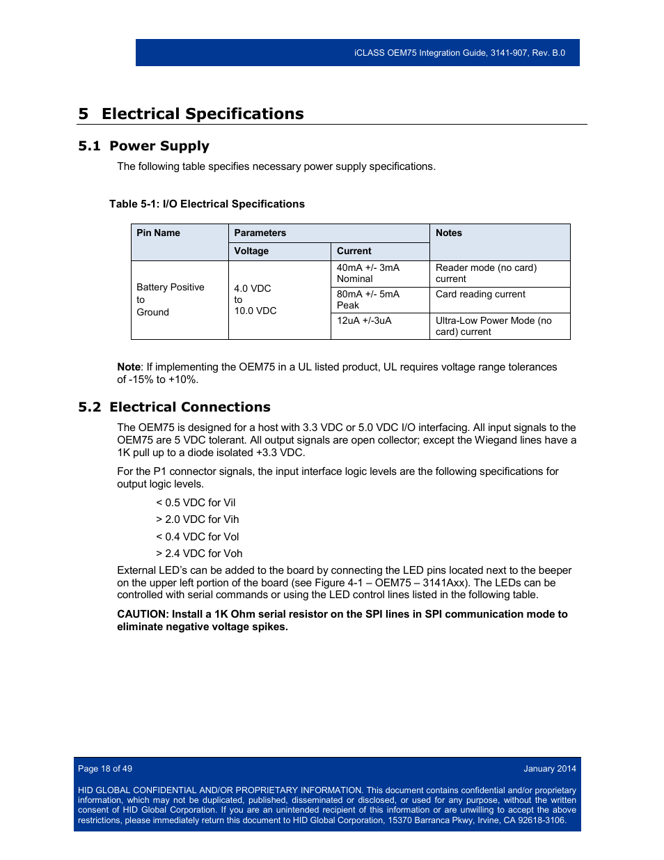 5 electrical specifications, 1 power supply, 2 electrical connections | Electrical specifications, Power supply, Electrical connections | HID Hi-O iCLASS Installation Guide User Manual | Page 18 / 49