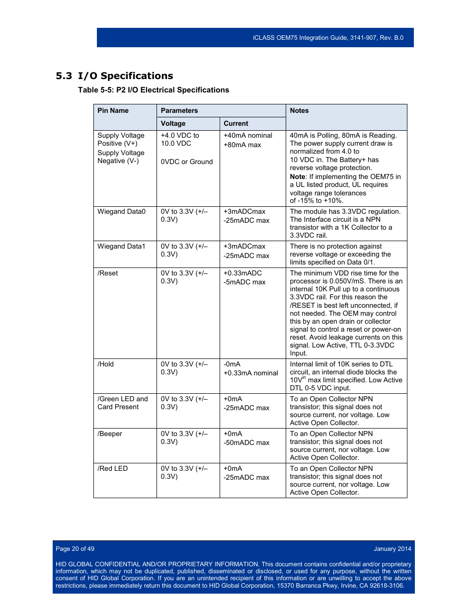 3 i/o specifications, I/o specifications | HID Hi-O iCLASS Installation Guide User Manual | Page 20 / 49