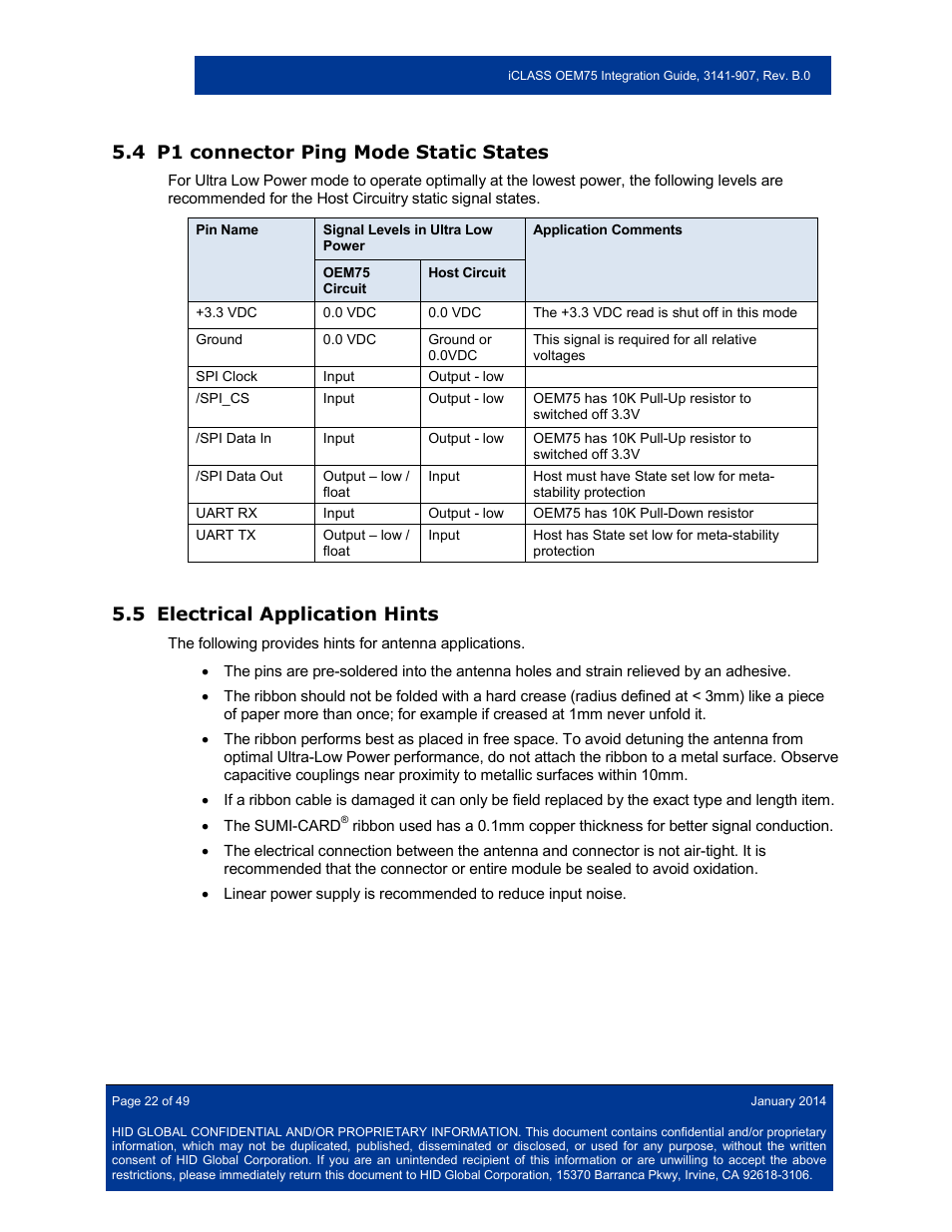 4 p1 connector ping mode static states, 5 electrical application hints, P1 connector ping mode static states | Electrical application hints | HID Hi-O iCLASS Installation Guide User Manual | Page 22 / 49