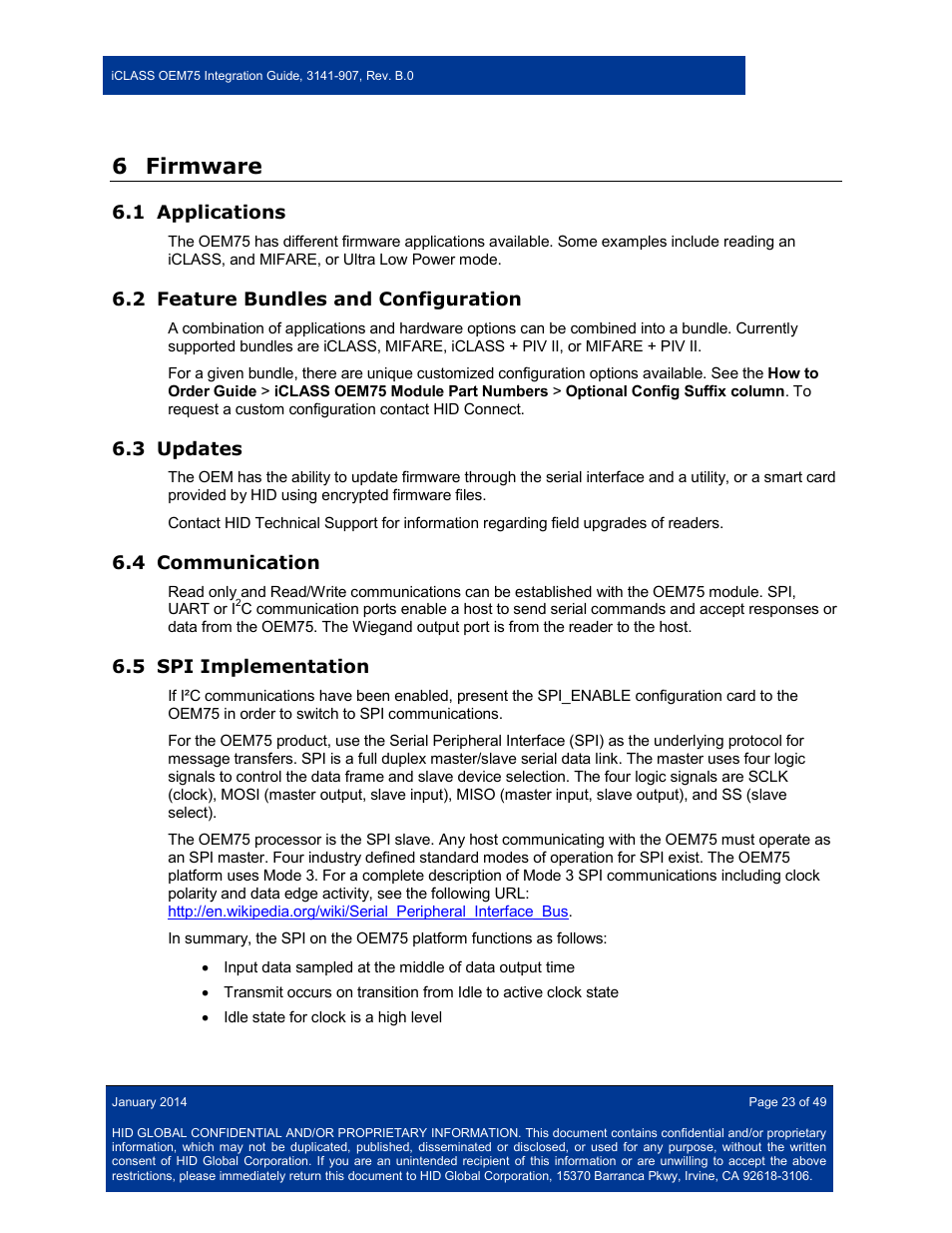 6 firmware, 1 applications, 2 feature bundles and configuration | 3 updates, 4 communication, 5 spi implementation, Firmware, Applications, Feature bundles and configuration, Updates | HID Hi-O iCLASS Installation Guide User Manual | Page 23 / 49