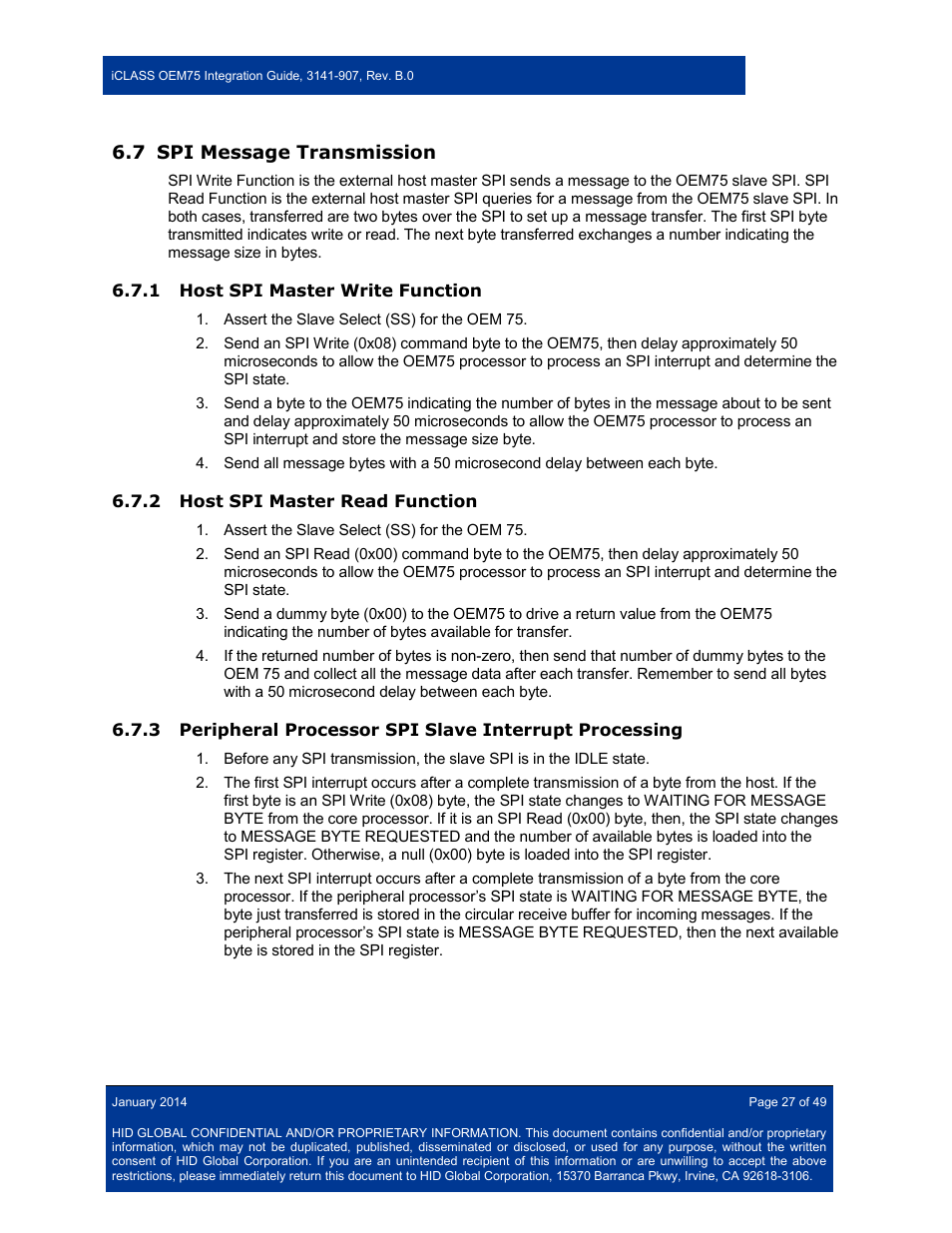 7 spi message transmission, 1 host spi master write function, 2 host spi master read function | Spi message transmission, Host spi master write function, Host spi master read function | HID Hi-O iCLASS Installation Guide User Manual | Page 27 / 49