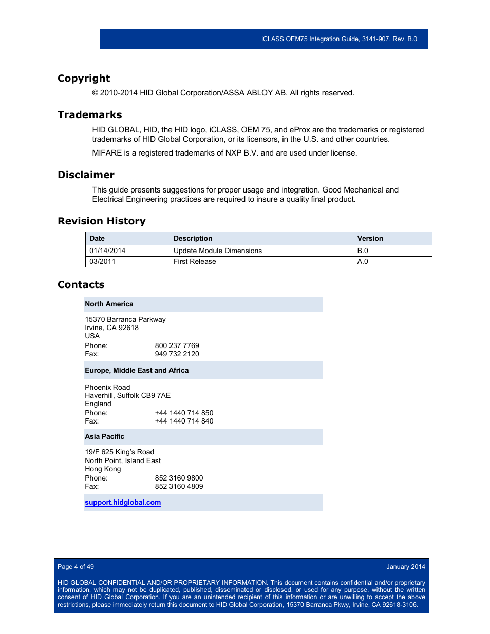 Copyright, Trademarks, Disclaimer | Revision history, Contacts | HID Hi-O iCLASS Installation Guide User Manual | Page 4 / 49