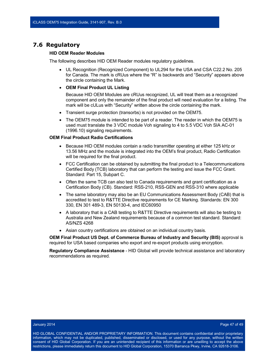 6 regulatory, Regulatory | HID Hi-O iCLASS Installation Guide User Manual | Page 47 / 49