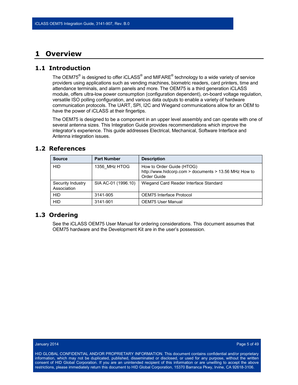 1 overview, 1 introduction, 2 references | 3 ordering, Overview, Introduction, References, Ordering | HID Hi-O iCLASS Installation Guide User Manual | Page 5 / 49