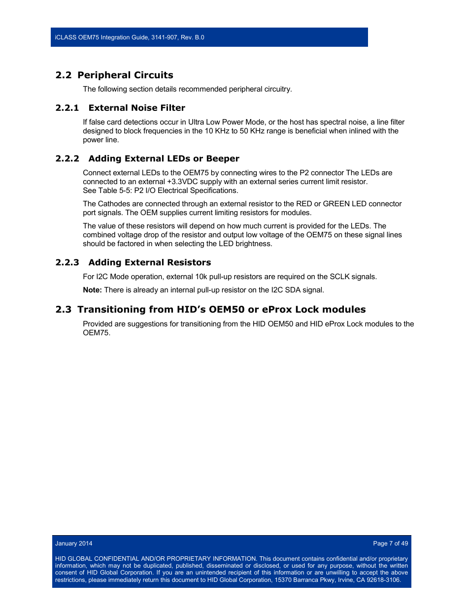 2 peripheral circuits, 1 external noise filter, 2 adding external leds or beeper | 3 adding external resistors, Peripheral circuits, External noise filter, Adding external leds or beeper, Adding external resistors | HID Hi-O iCLASS Installation Guide User Manual | Page 7 / 49