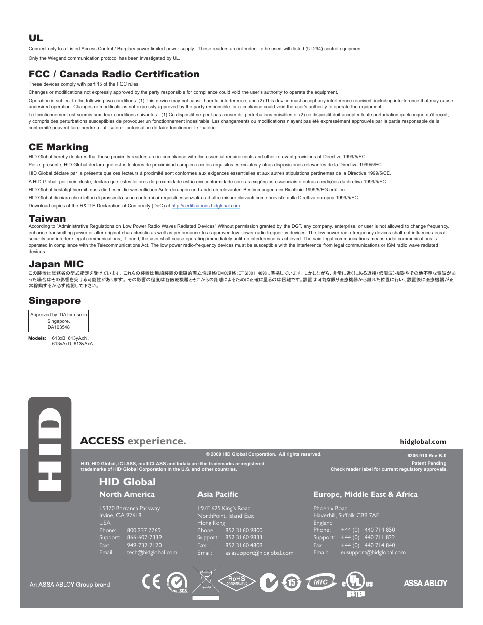 Regulatory, Access experience, Hid global | Fcc / canada radio certification, Ce marking, Taiwan, Japan mic, Singapore | HID iCLASS Keypad Installation Guide User Manual | Page 12 / 12