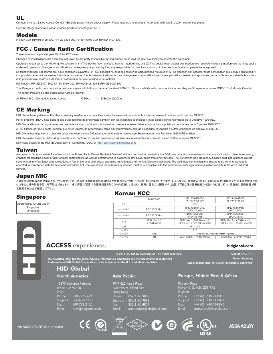 Regulatory, Access experience, Hid global | Models, Fcc / canada radio certification, Ce marking, Taiwan, Japan mic, Singapore, Korean kcc | HID iCLASS R Installation Guide User Manual | Page 12 / 12