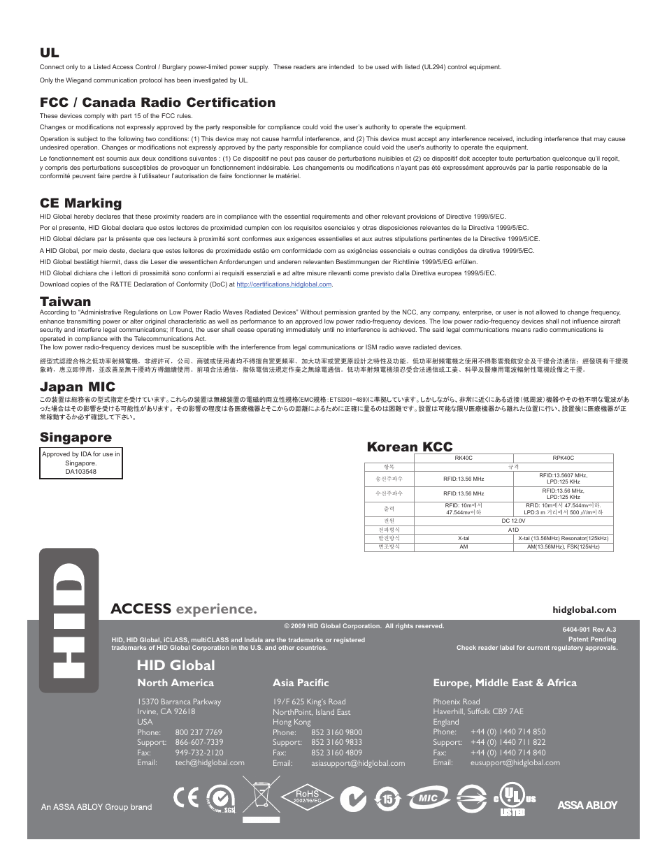 Regulatory, Access experience, Hid global | Fcc / canada radio certification, Ce marking, Taiwan, Japan mic, Singapore, Korean kcc, North america | HID iCLASS RK Series Rev C Installation Guide User Manual | Page 12 / 12