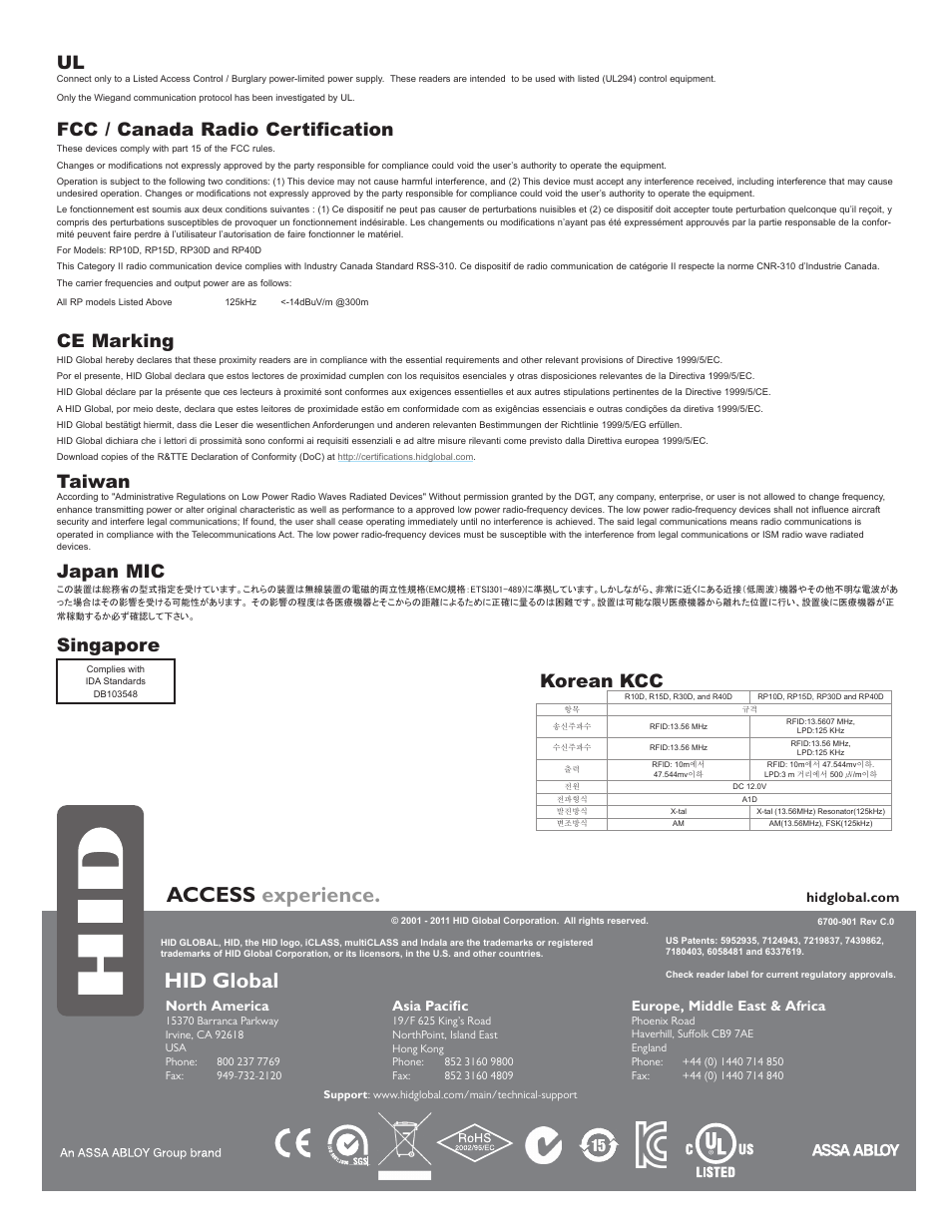 Regulatory, Access experience, Hid global | Fcc / canada radio certification, Ce marking, Taiwan, Japan mic, Singapore, Korean kcc, North america | HID iCLASS SE Installation Guide User Manual | Page 10 / 10