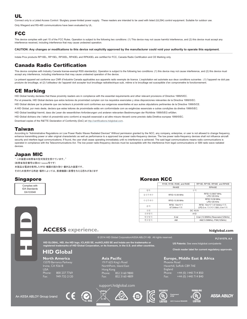 Access experience, Hid global, Canada radio certification | Ce marking, Taiwan, Japan mic, Singapore, Korean kcc, North america, Asia pacific | HID iCLASS SE/ multiClass SE Installation Guide User Manual | Page 10 / 10