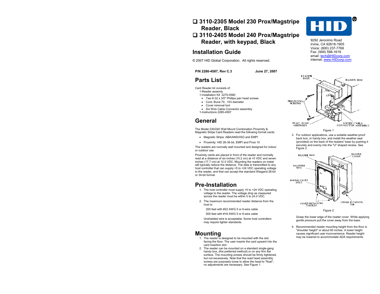 HID Magnetic Stripe / Prox Reader 230 and 240 Installation Guide User Manual | 2 pages