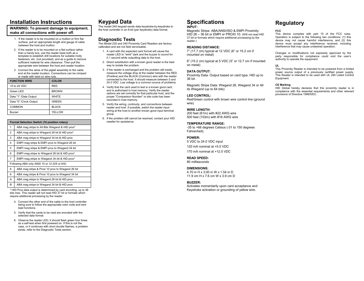 Installation instructions, Keypad data, Specifications | Regulatory, Diagnostic tests | HID Magnetic Stripe / Prox Reader 230 and 240 Installation Guide User Manual | Page 2 / 2