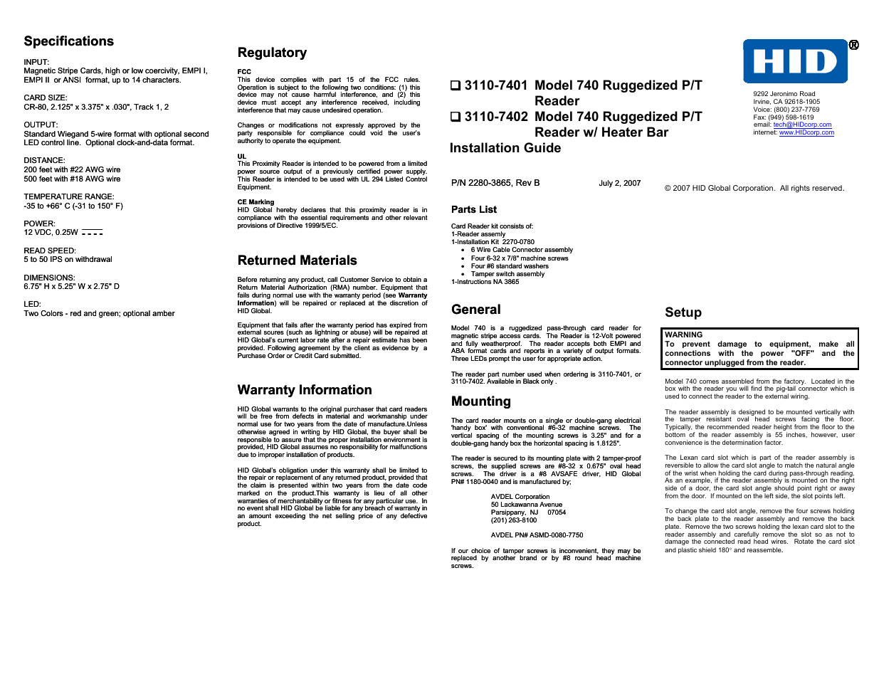 HID Magnetic Stripe Reader 740 Installation Guide User Manual | 2 pages