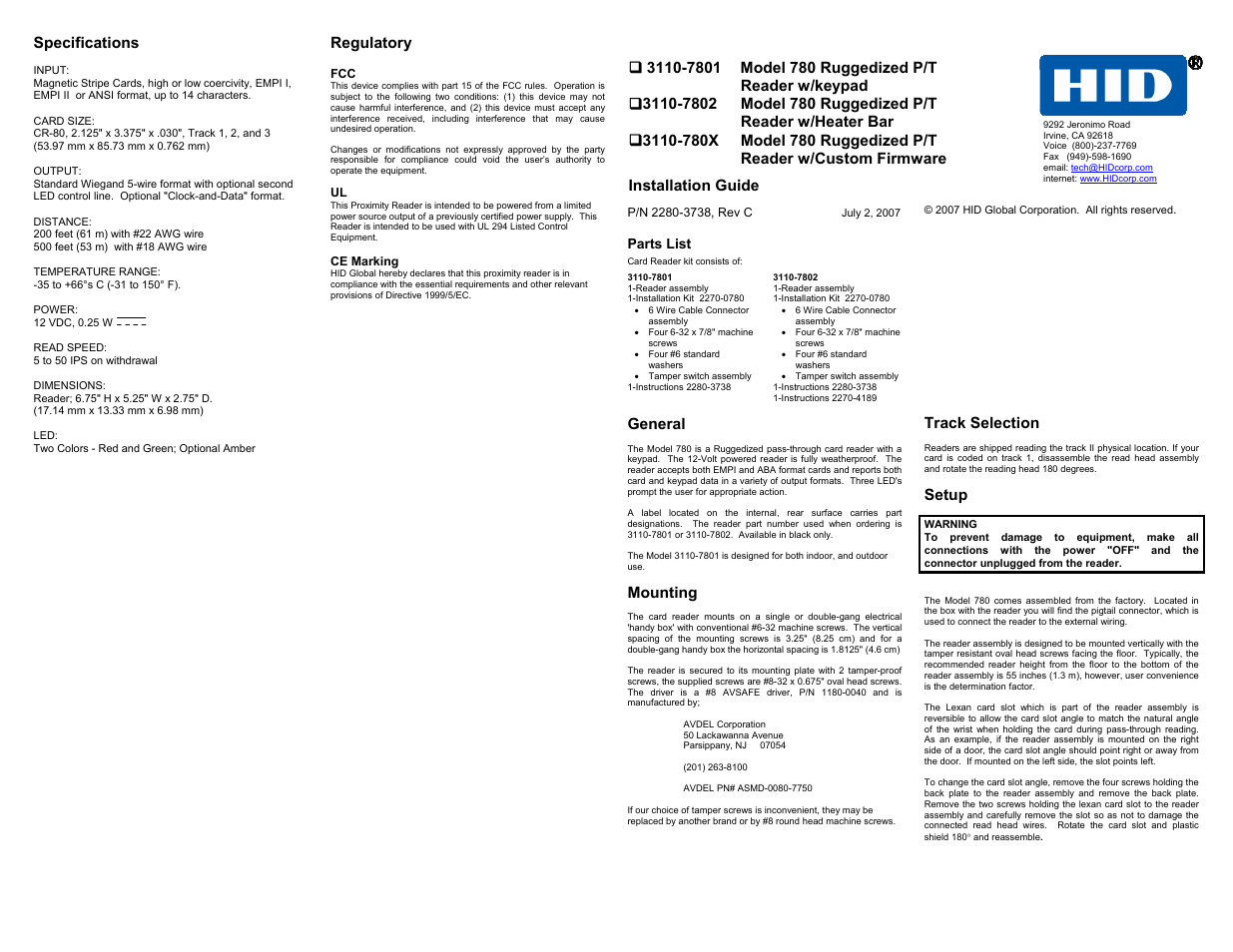 HID Magnetic Stripe Reader 780 Installation Guide User Manual | 2 pages