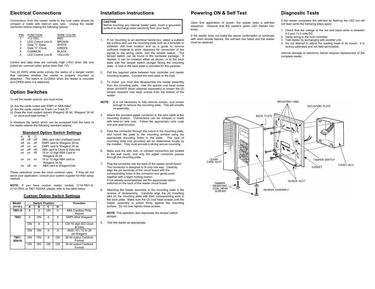 Installation instructions, Option switches | HID Magnetic Stripe Reader 780 Installation Guide User Manual | Page 2 / 2
