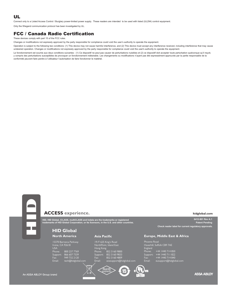 Regulatory, Access experience, Hid global | Fcc / canada radio certification | HID multiCLASS / Magnetic Stripe Installation Guide User Manual | Page 12 / 12
