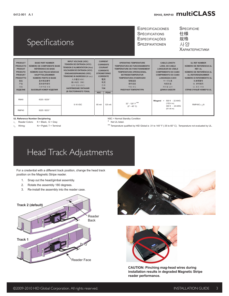 Specifications, Head track adjustments, Multiclass | 仕様 规格, Track 2 (default) track 1 reader back reader face, Specificaciones, Pécifications, Specificações, Pezifikationen, Pecifiche | HID multiCLASS / Magnetic Stripe Installation Guide User Manual | Page 3 / 12